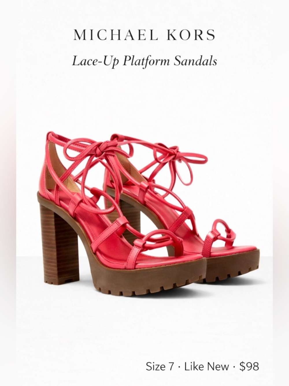Michael Kors Lace-Up Platform Sandals Pink Chunky Heel Strappy